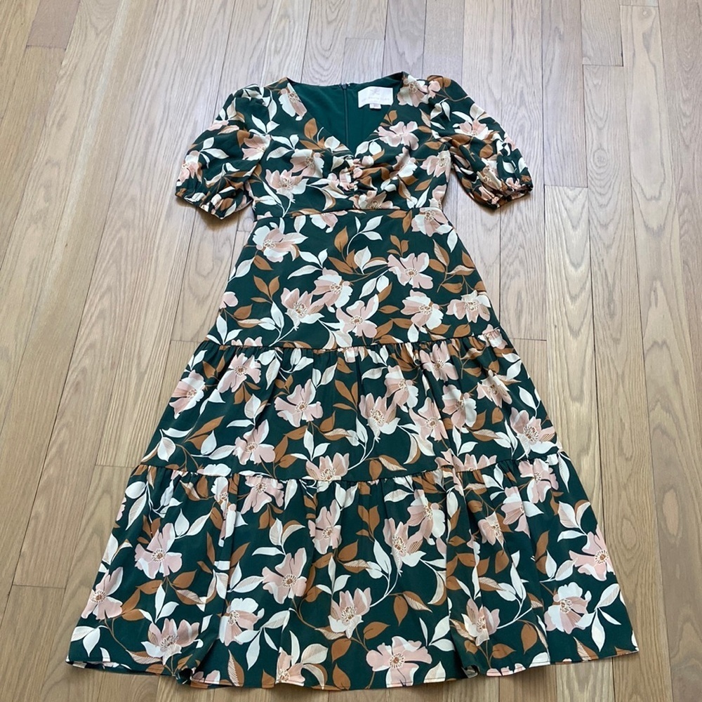Gal Meets Glam Green Floral Midi Dress with Pink and Cream Blooms - Picture 2 of 5